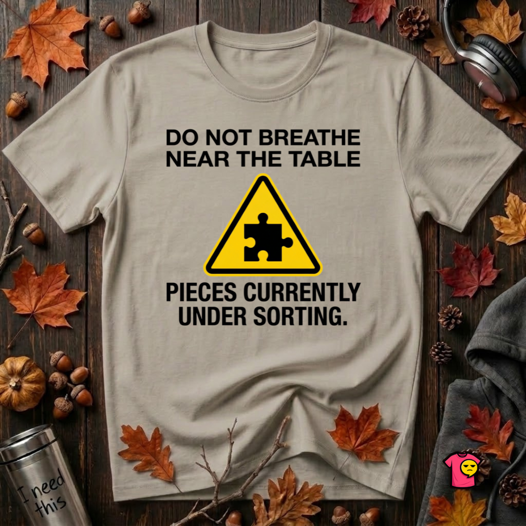 Pieces Currently Under Sorting sarcastic puzzle graphic t-shirt in Heather Stone by Snarky Sarks