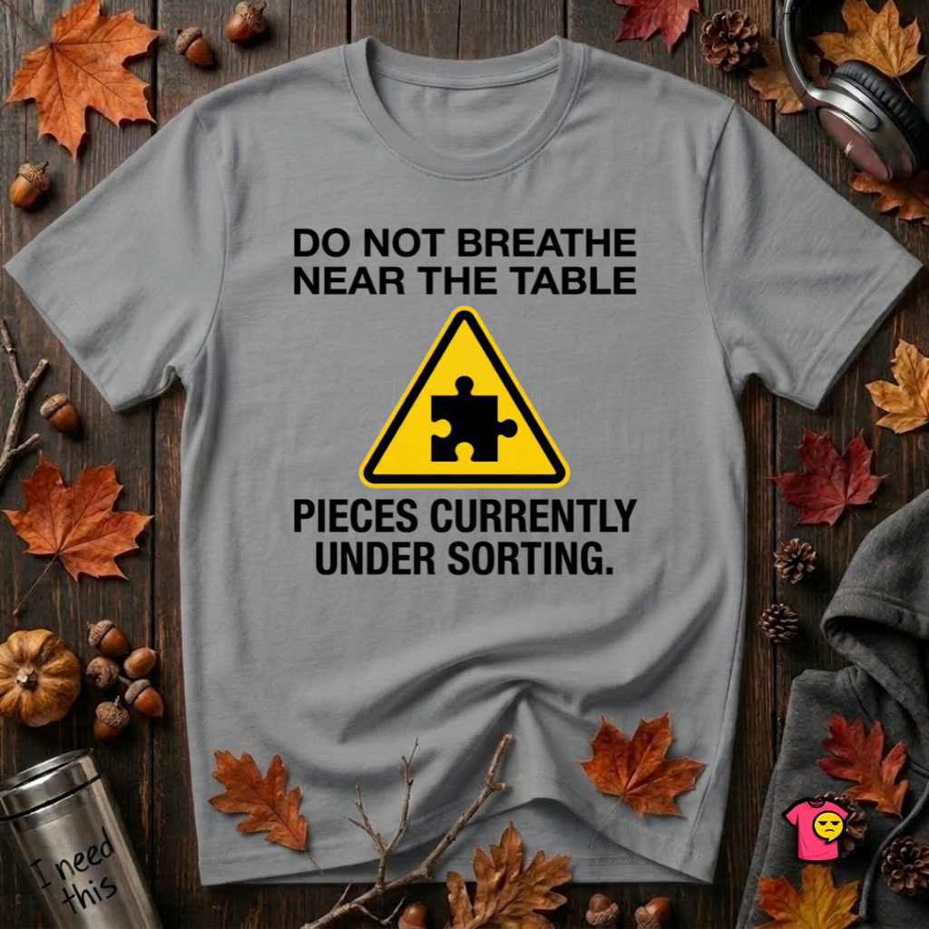 Pieces Currently Under Sorting sarcastic puzzle graphic t-shirt in Heather Storm by Snarky Sarks