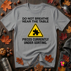 Pieces Currently Under Sorting sarcastic puzzle graphic t-shirt in Heather Storm by Snarky Sarks