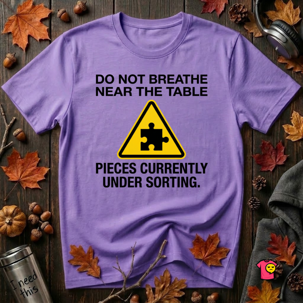 Pieces Currently Under Sorting sarcastic puzzle graphic t-shirt in Heather Team Purple by Snarky Sarks