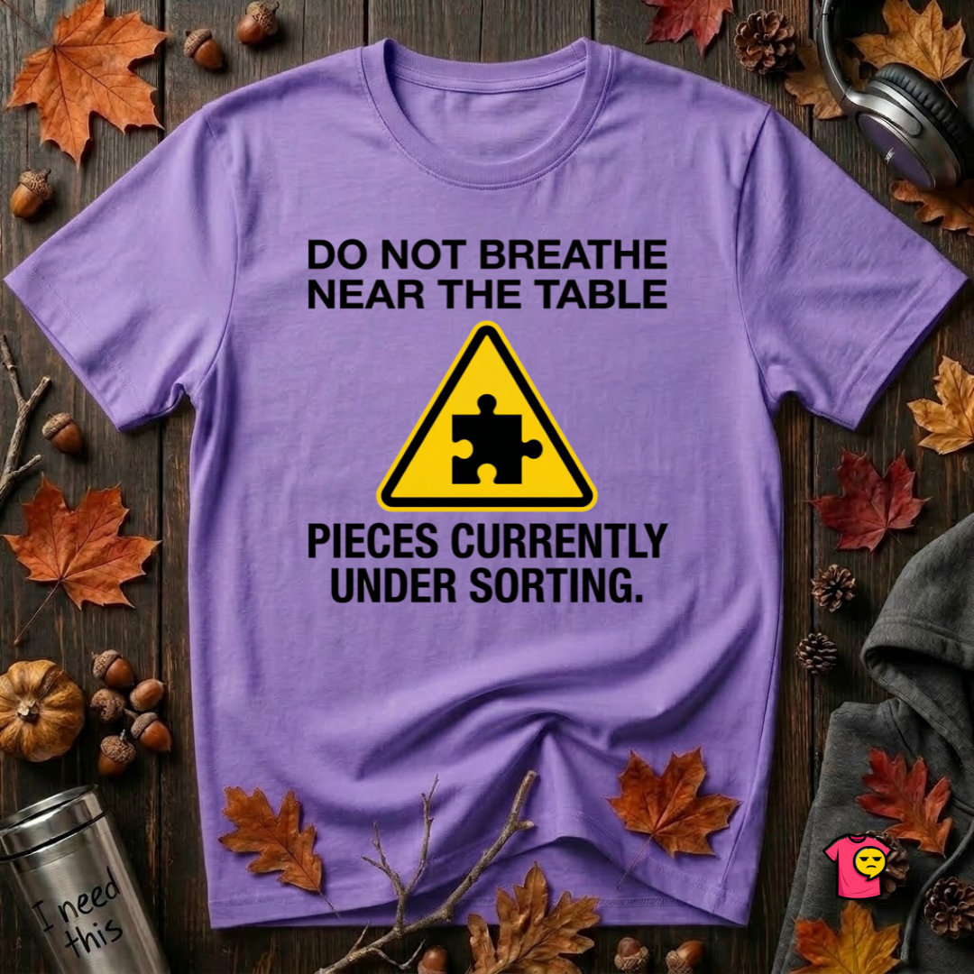 Pieces Currently Under Sorting sarcastic puzzle graphic t-shirt in Heather Team Purple by Snarky Sarks