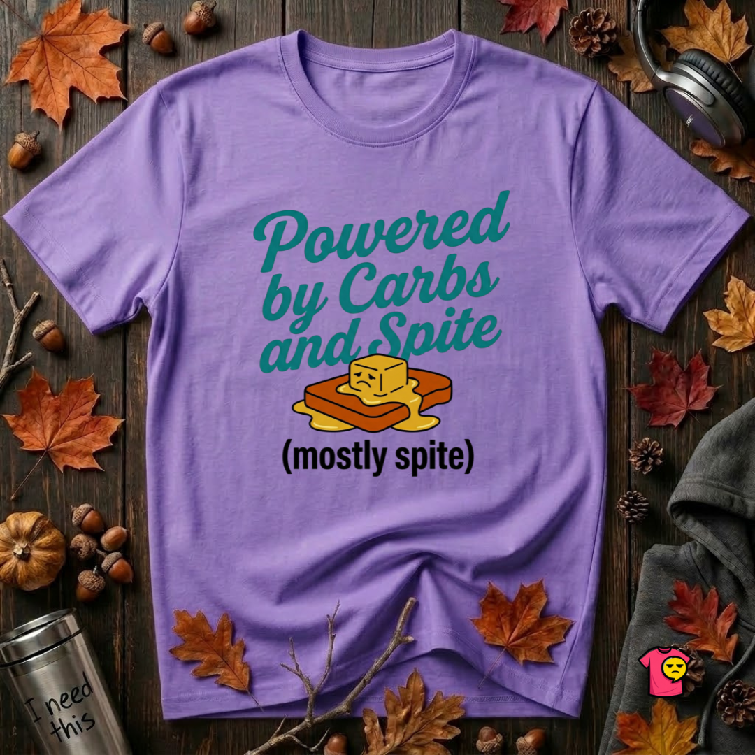 Powered by Carbs and Spite sarcastic graphic t-shirt in Heather Team Purple by Snarky Sarks