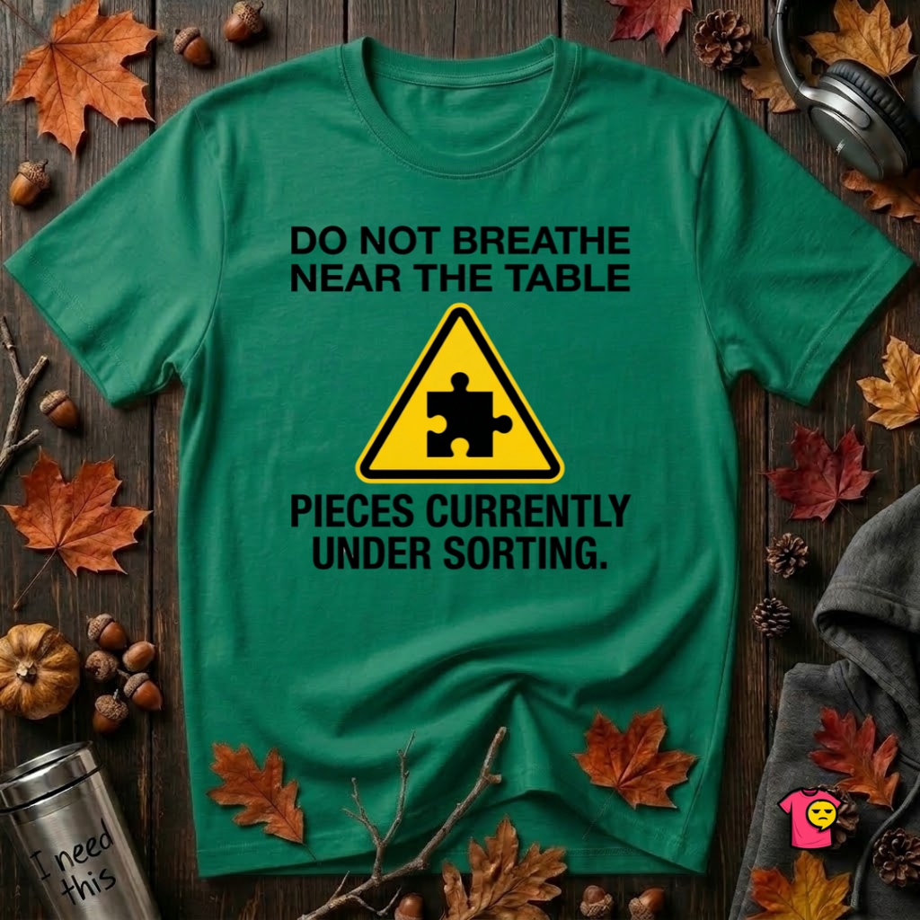 Pieces Currently Under Sorting sarcastic puzzle graphic t-shirt in Kelly by Snarky Sarks