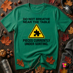 Pieces Currently Under Sorting sarcastic puzzle graphic t-shirt in Kelly by Snarky Sarks