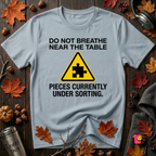 Pieces Currently Under Sorting sarcastic puzzle graphic t-shirt in Light Blue by Snarky Sarks