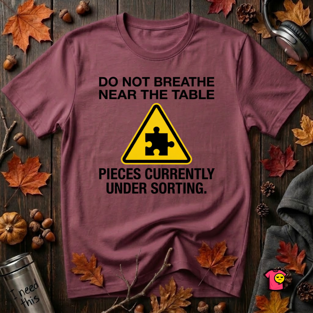 Pieces Currently Under Sorting sarcastic puzzle graphic t-shirt in Maroon by Snarky Sarks