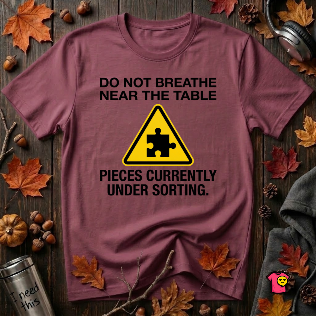 Pieces Currently Under Sorting sarcastic puzzle graphic t-shirt in Maroon by Snarky Sarks