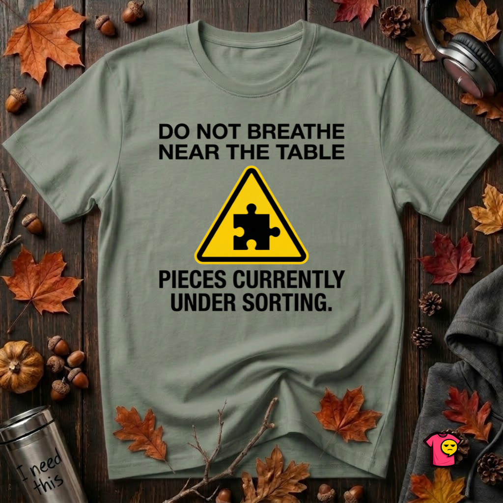 Pieces Currently Under Sorting sarcastic puzzle graphic t-shirt in Military Green by Snarky Sarks