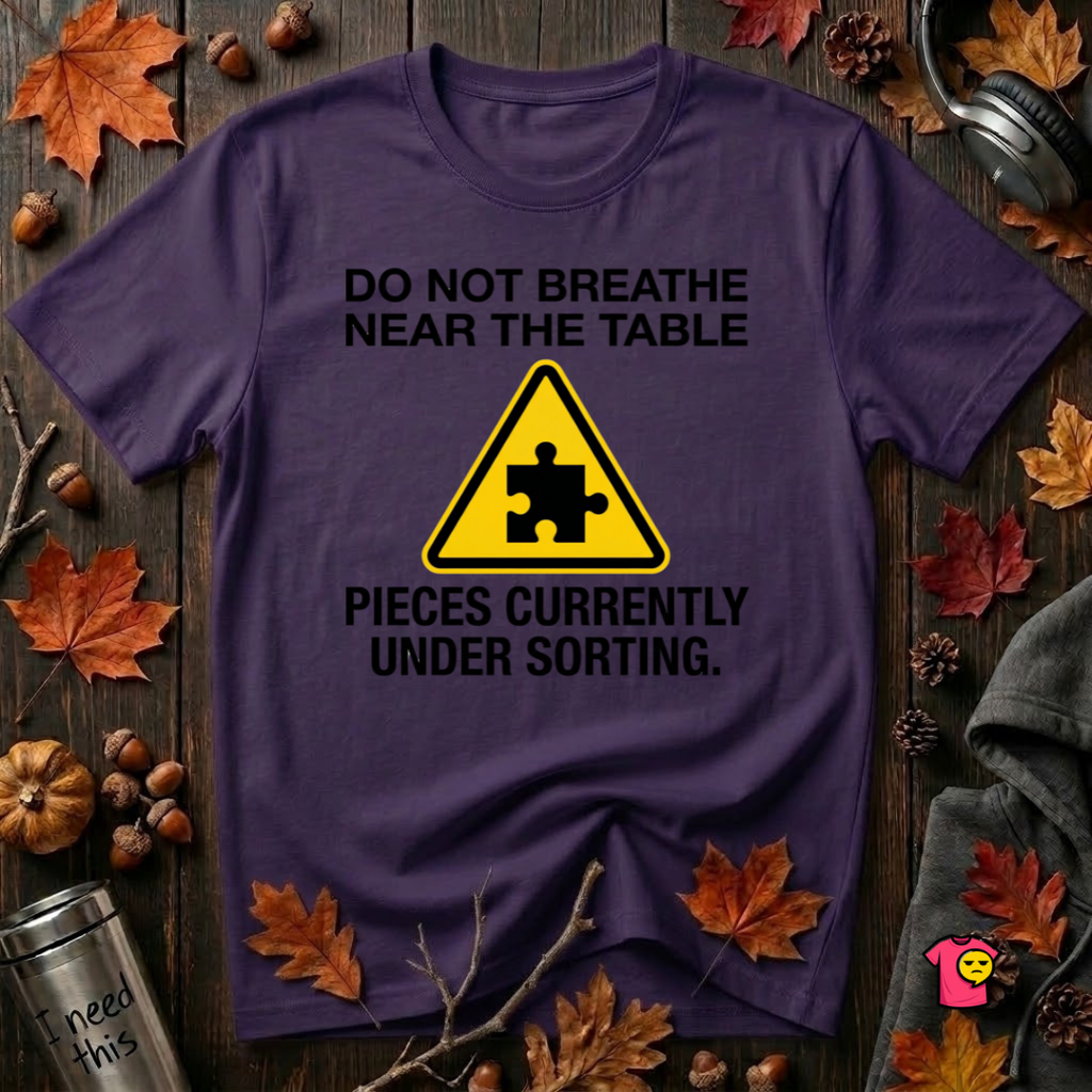 Pieces Currently Under Sorting sarcastic puzzle graphic t-shirt in Purple by Snarky Sarks