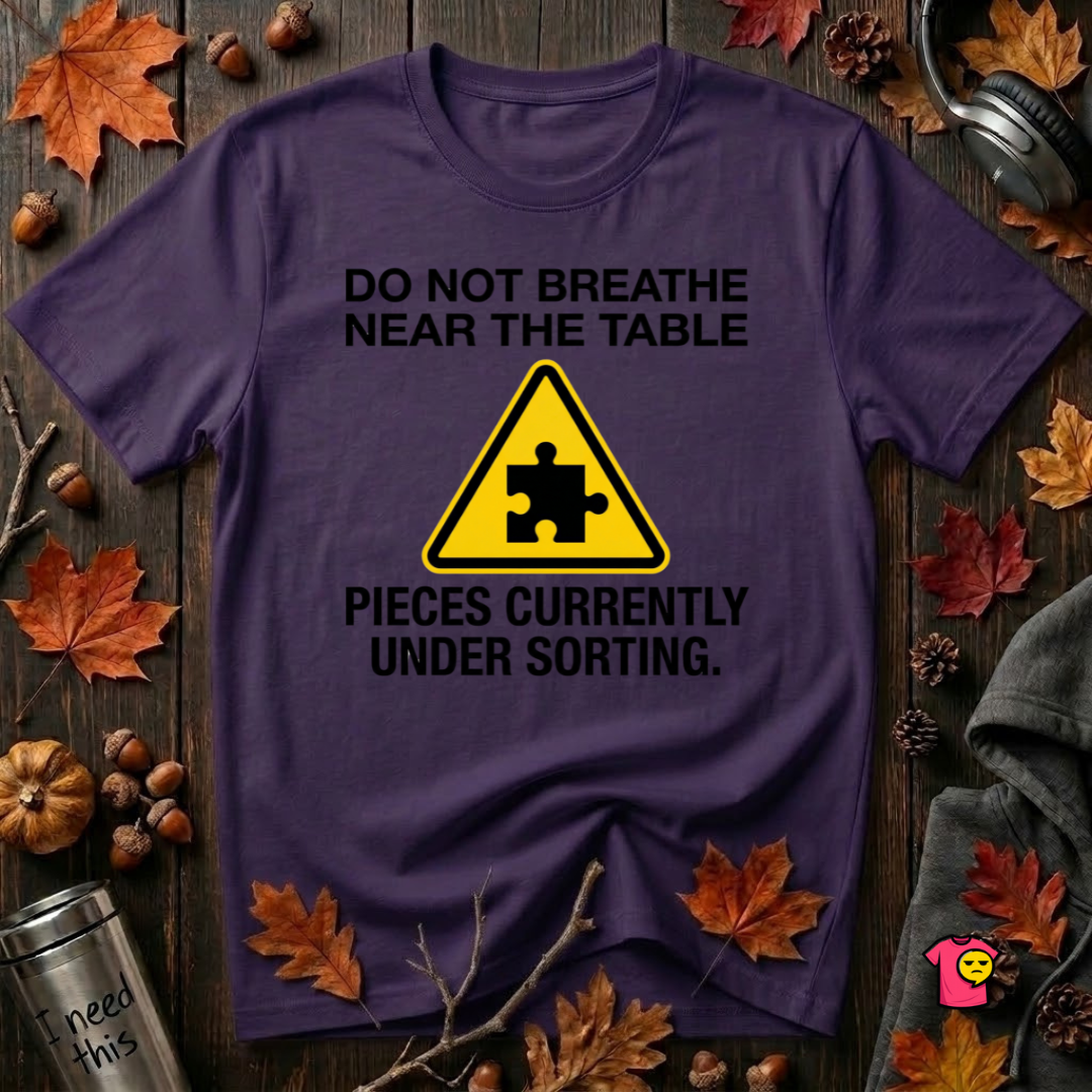 Pieces Currently Under Sorting sarcastic puzzle graphic t-shirt in Purple by Snarky Sarks
