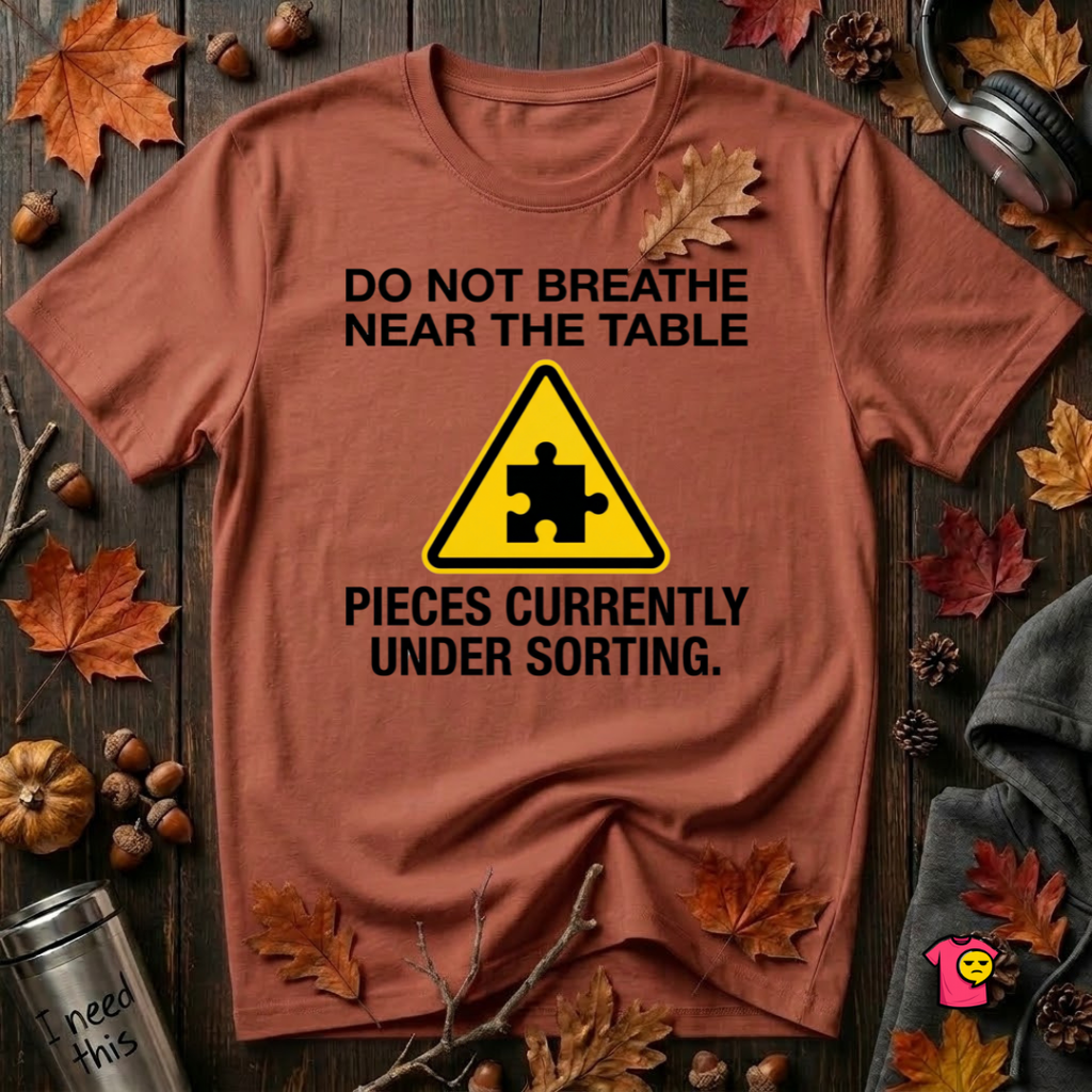 Pieces Currently Under Sorting sarcastic puzzle graphic t-shirt in Rust by Snarky Sarks