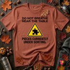 Pieces Currently Under Sorting sarcastic puzzle graphic t-shirt in Rust by Snarky Sarks
