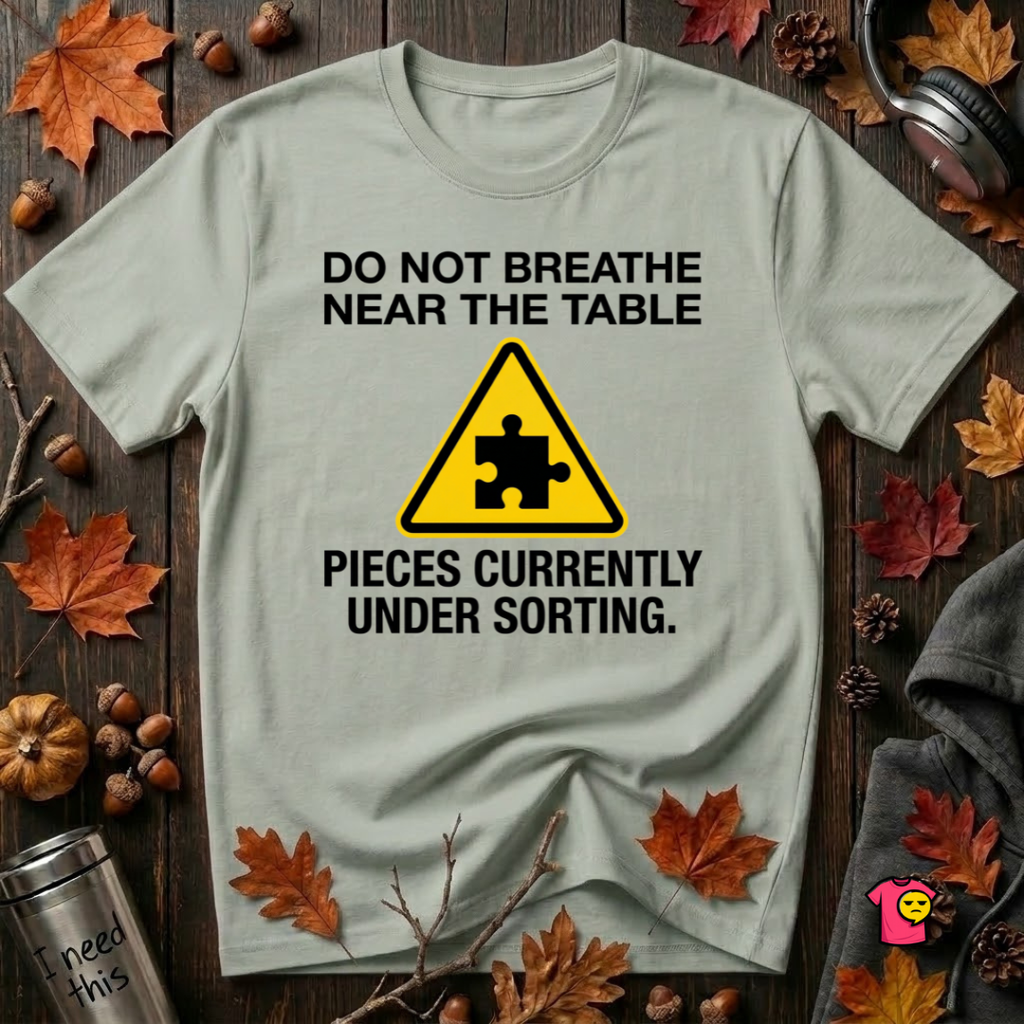 Pieces Currently Under Sorting sarcastic puzzle graphic t-shirt in Sage by Snarky Sarks