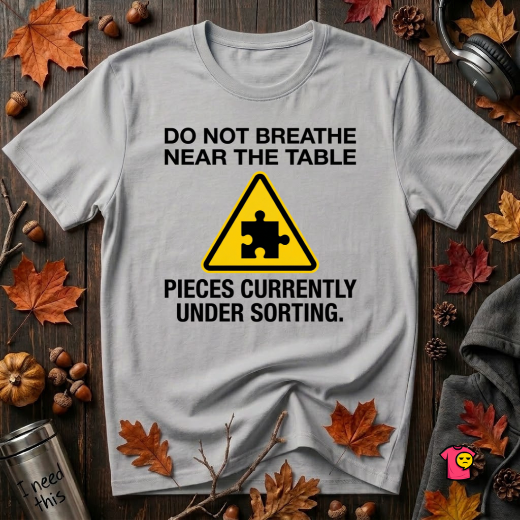 Pieces Currently Under Sorting sarcastic puzzle graphic t-shirt in Solid Athletic Gray by Snarky Sarks
