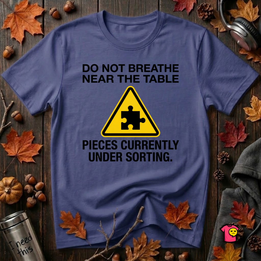 Pieces Currently Under Sorting sarcastic puzzle graphic t-shirt in Team Navy by Snarky Sarks