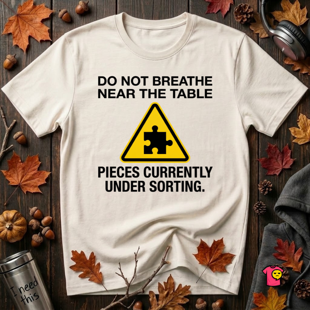 Pieces Currently Under Sorting sarcastic puzzle graphic t-shirt in White by Snarky Sarks