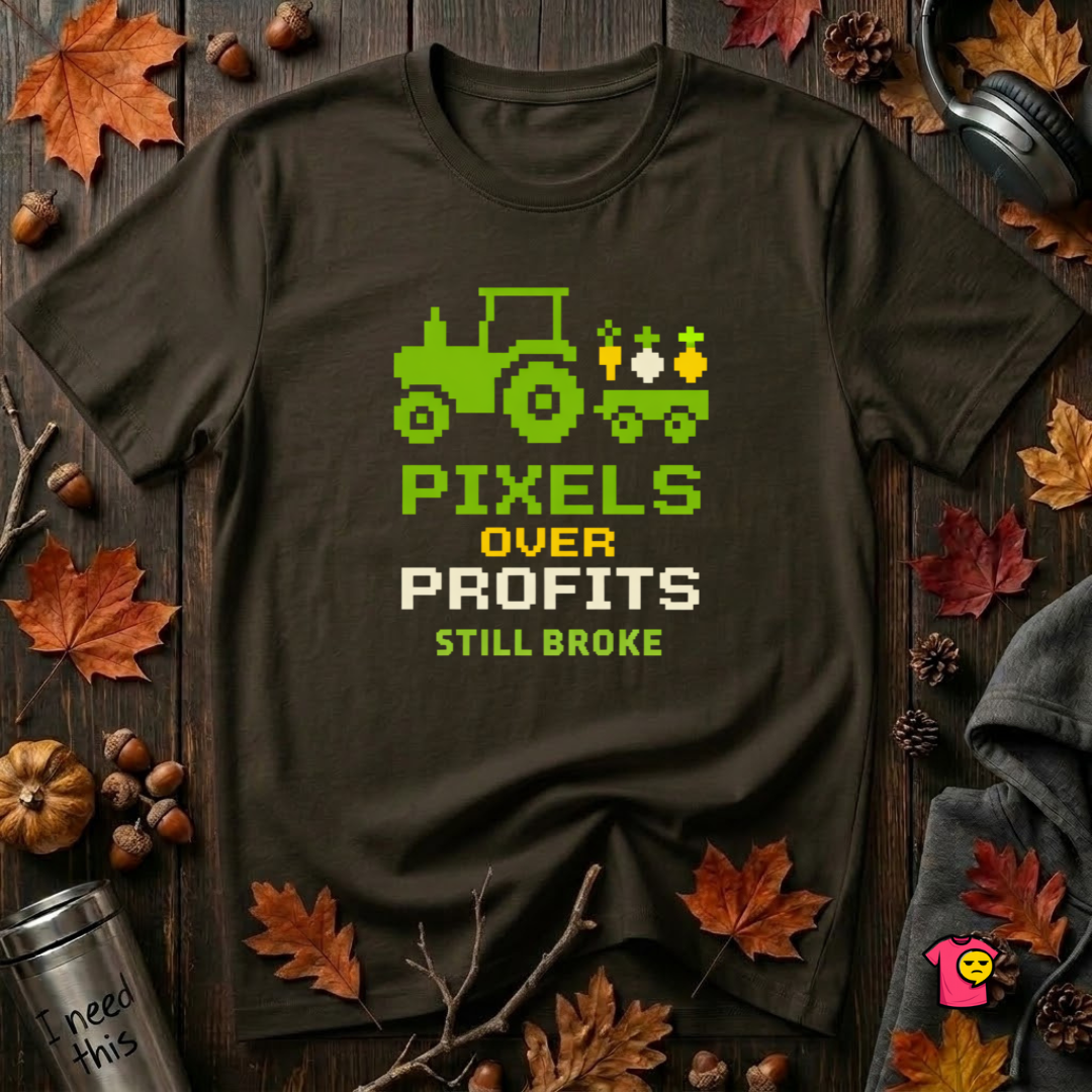 Pixels Over Profits -- Still Broke sarcastic gaming t-shirt in Black by Snarky Sarks