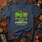Pixels Over Profits -- Still Broke sarcastic gaming t-shirt in Navy by Snarky Sarks