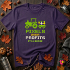 Pixels Over Profits -- Still Broke sarcastic gaming t-shirt in Team Purple by Snarky Sarks