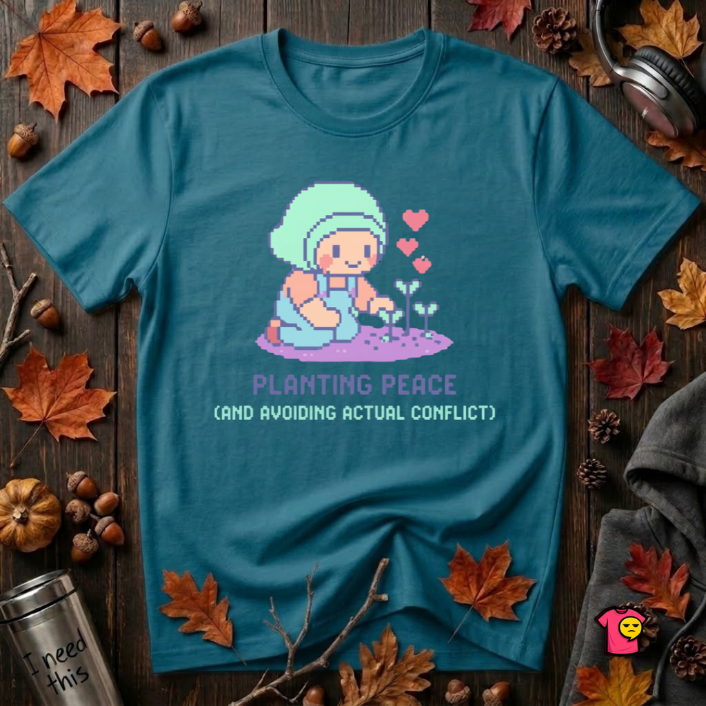 Planting Peace and Avoiding Actual Conflict sarcastic garden t-shirt in Deep Teal by Snarky Sarks