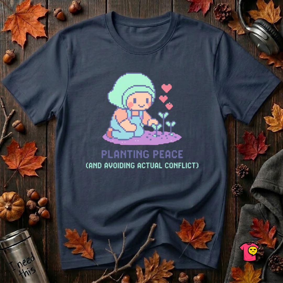 Planting Peace and Avoiding Actual Conflict sarcastic garden t-shirt in Navy by Snarky Sarks