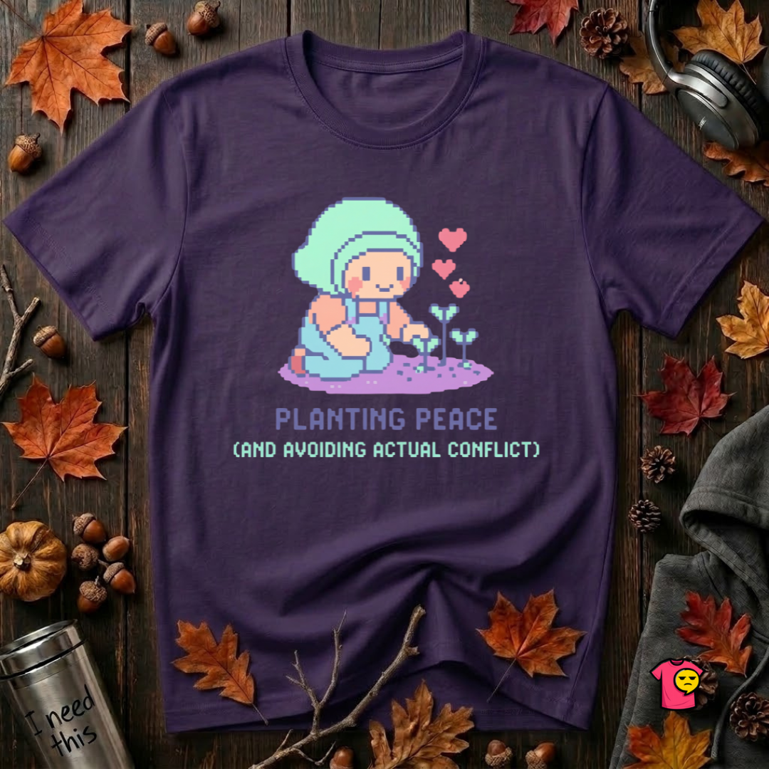 Planting Peace and Avoiding Actual Conflict sarcastic graphic t-shirt in Team Purple by Snarky Sarks