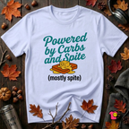 Powered by Carbs and Spite sarcastic graphic t-shirt in Ash by Snarky Sarks