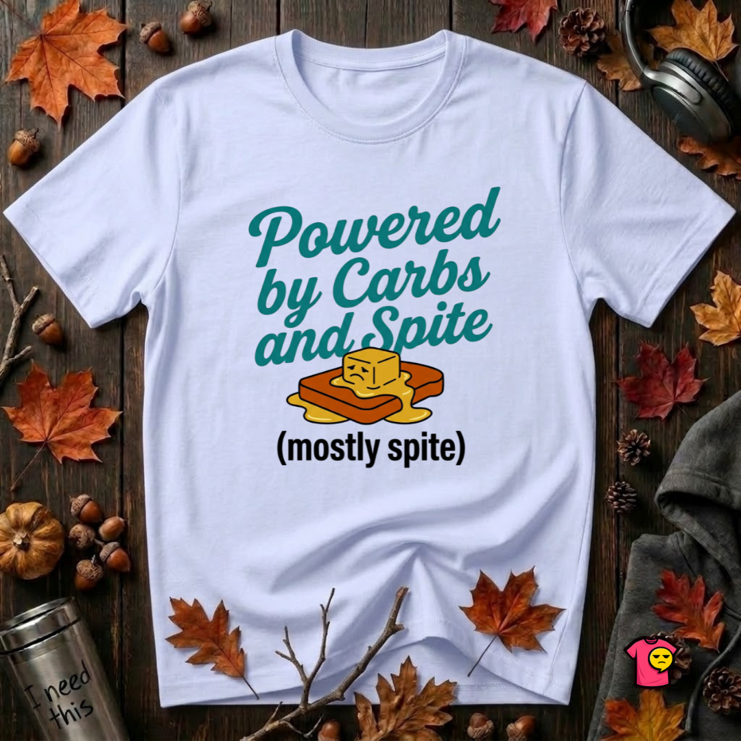 Powered by Carbs and Spite sarcastic graphic t-shirt in Ash by Snarky Sarks