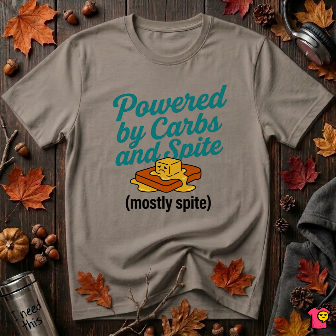 Powered by Carbs and Spite sarcastic graphic t-shirt in Asphalt by Snarky Sarks