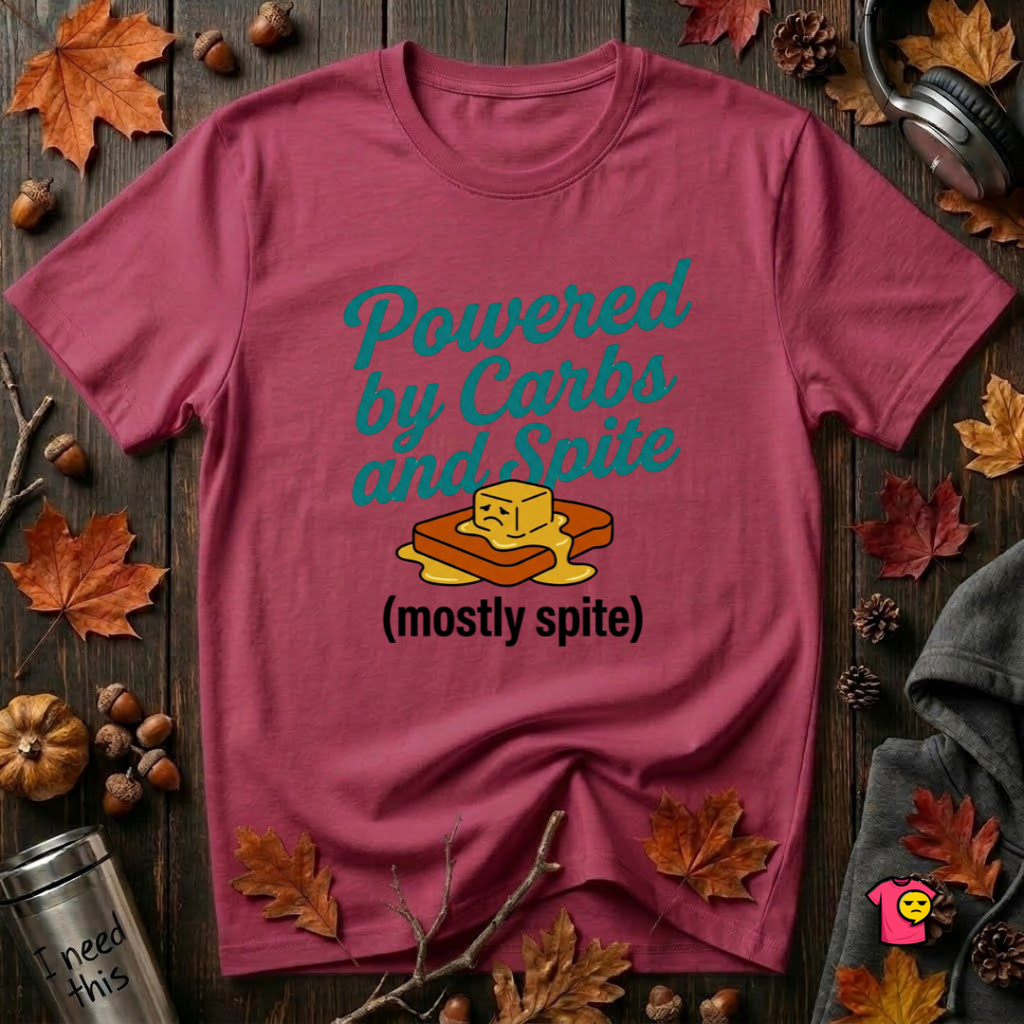 Powered by Carbs and Spite sarcastic graphic t-shirt in Cardinal by Snarky Sarks