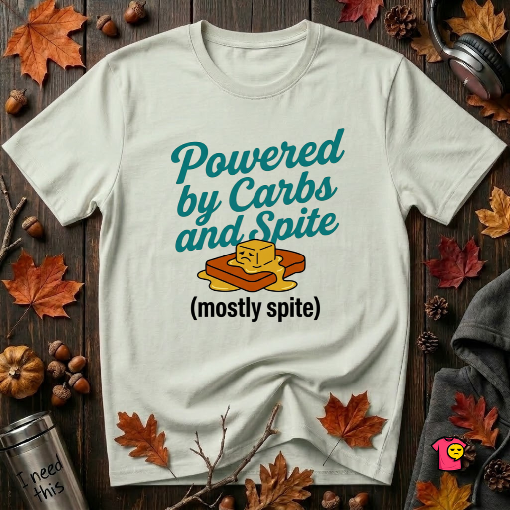 Powered by Carbs and Spite sarcastic graphic t-shirt in Citron by Snarky Sarks
