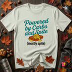 Powered by Carbs and Spite sarcastic graphic t-shirt in Citron by Snarky Sarks