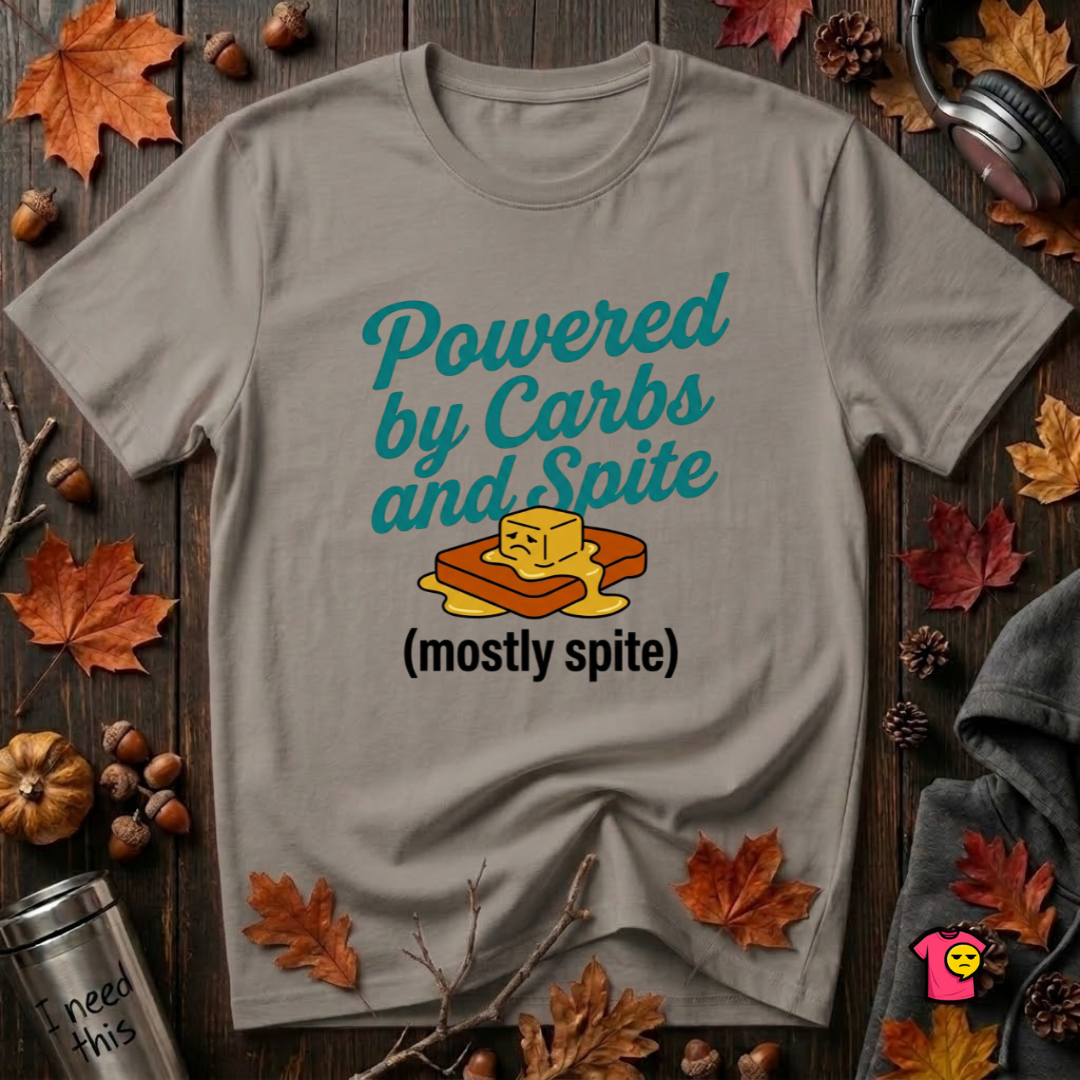 Powered by Carbs and Spite sarcastic graphic t-shirt in Deep Heather by Snarky Sarks