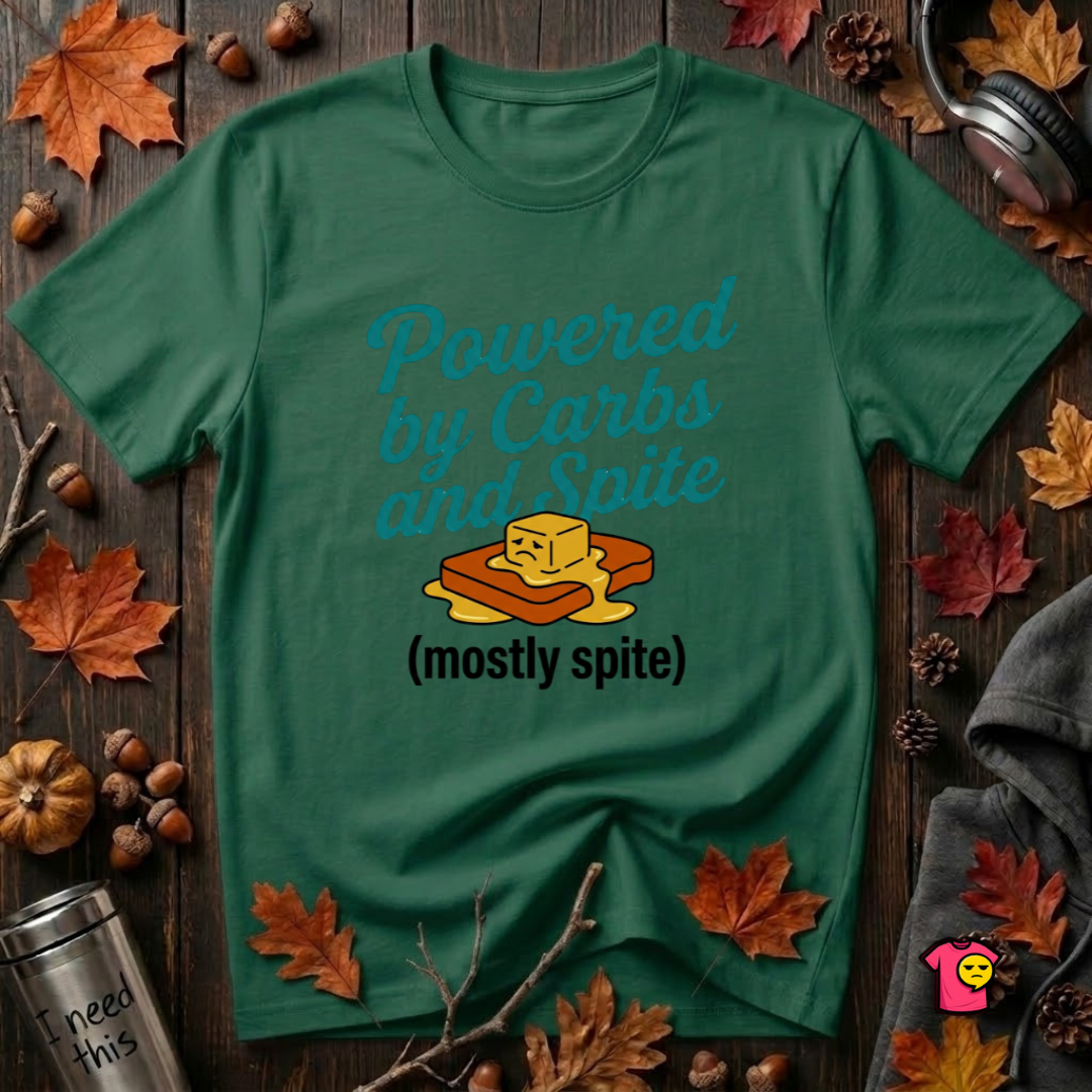Powered by Carbs and Spite sarcastic graphic t-shirt in Evergreen by Snarky Sarks