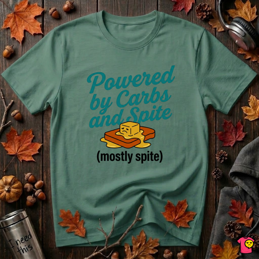 Powered by Carbs and Spite sarcastic graphic t-shirt in Grass Green by Snarky Sarks