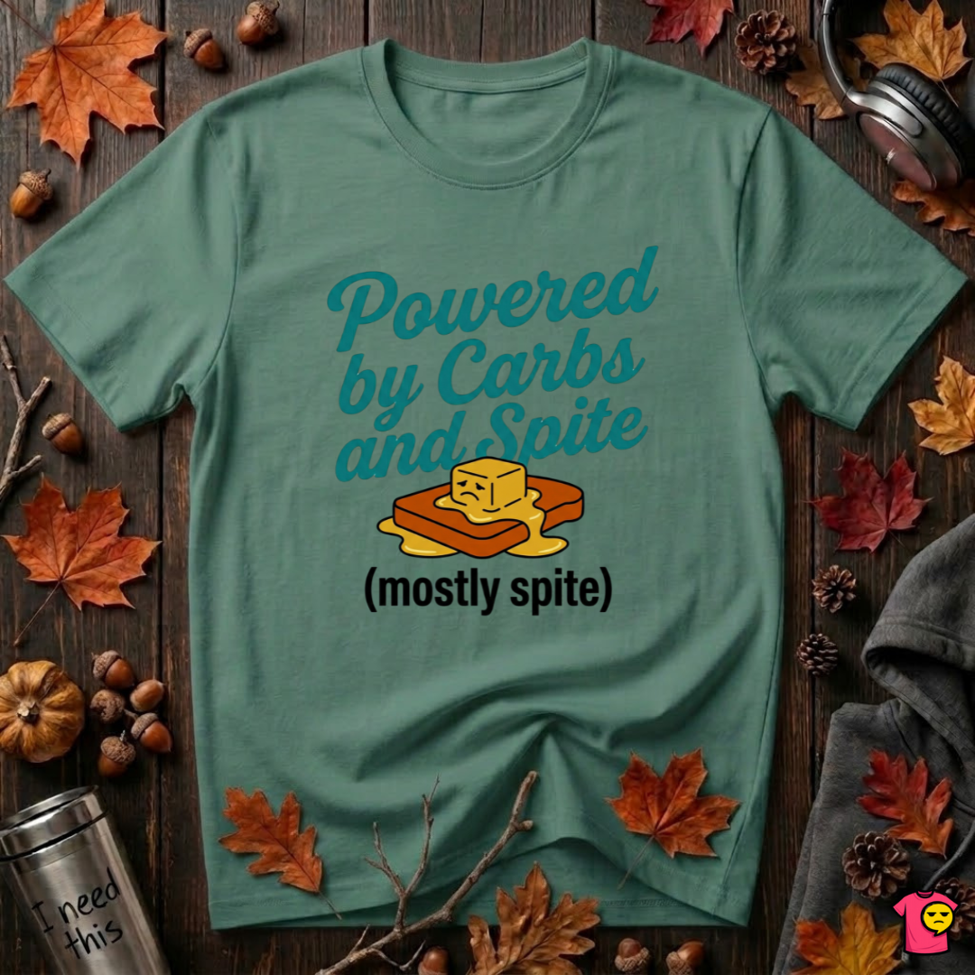 Powered by Carbs and Spite sarcastic graphic t-shirt in Grass Green by Snarky Sarks