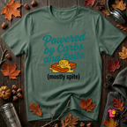 Powered by Carbs and Spite sarcastic graphic t-shirt in Heather Forest by Snarky Sarks