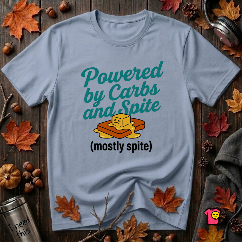 Powered by Carbs and Spite sarcastic graphic t-shirt in Heather Prism Blue by Snarky Sarks