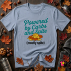 Powered by Carbs and Spite sarcastic graphic t-shirt in Heather Prism Blue by Snarky Sarks
