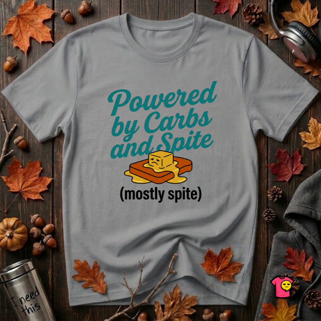Powered by Carbs and Spite sarcastic graphic t-shirt in Heather Storm by Snarky Sarks