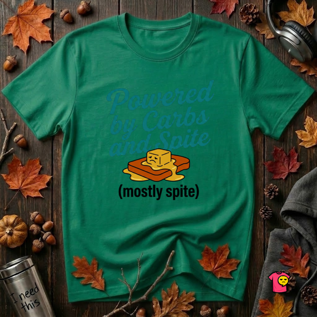 Powered by Carbs and Spite sarcastic graphic t-shirt in Kelly by Snarky Sarks