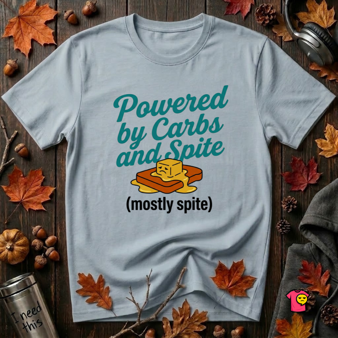 Powered by Carbs and Spite sarcastic graphic t-shirt in Light Blue by Snarky Sarks