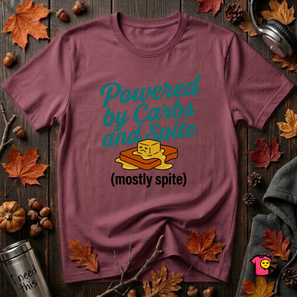 Powered by Carbs and Spite sarcastic graphic t-shirt in Maroon by Snarky Sarks