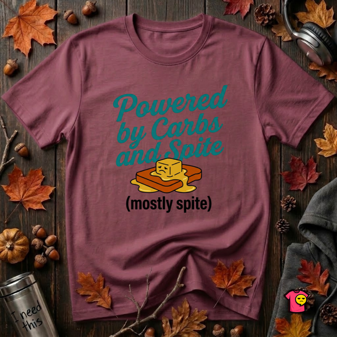 Powered by Carbs and Spite sarcastic graphic t-shirt in Maroon by Snarky Sarks