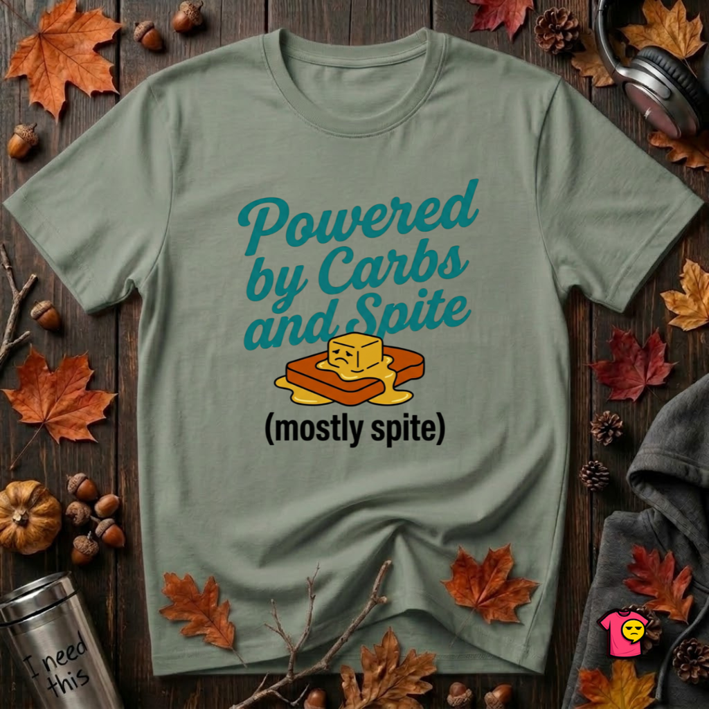 Powered by Carbs and Spite sarcastic graphic t-shirt in Military Green by Snarky Sarks