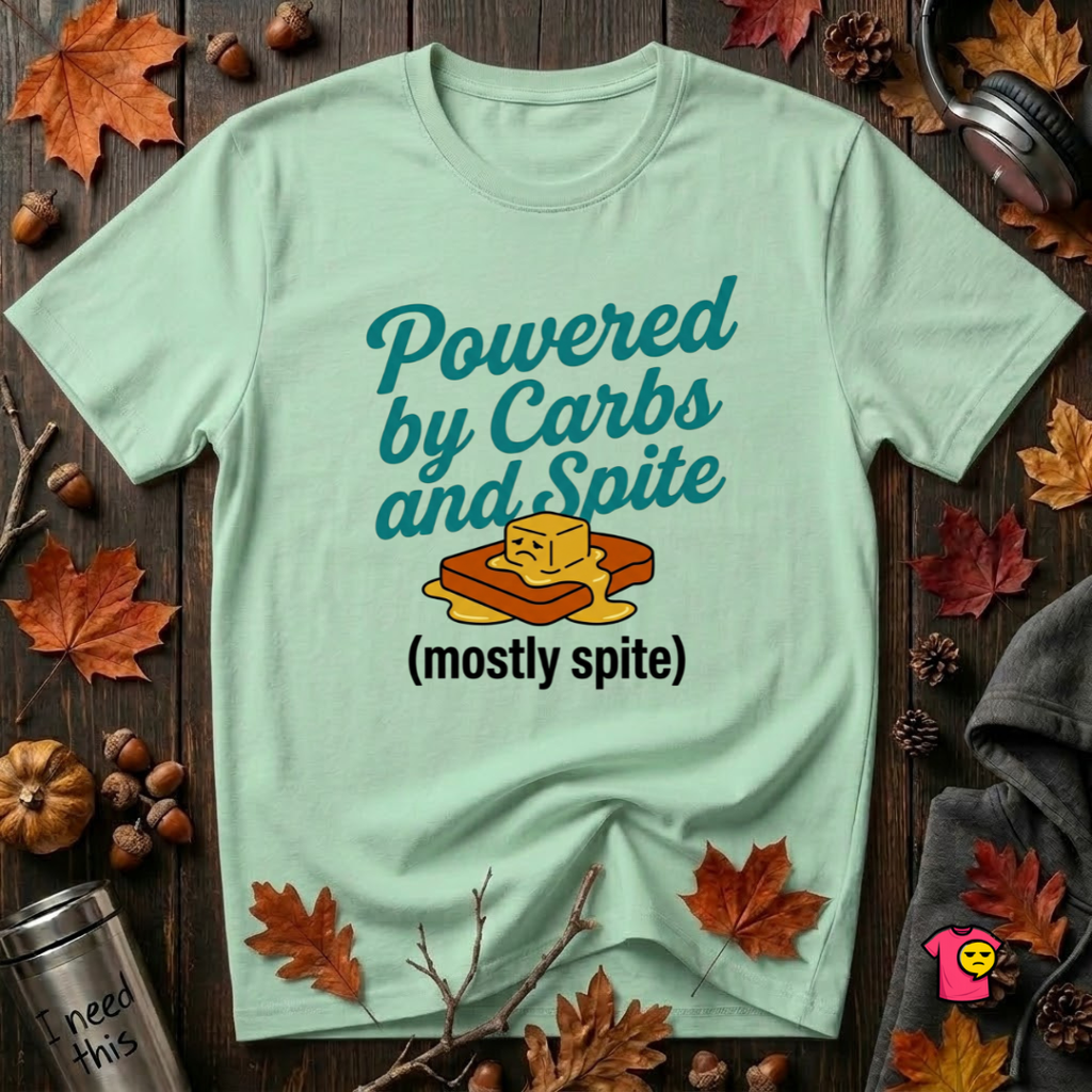 Powered by Carbs and Spite sarcastic graphic t-shirt in Mint by Snarky Sarks