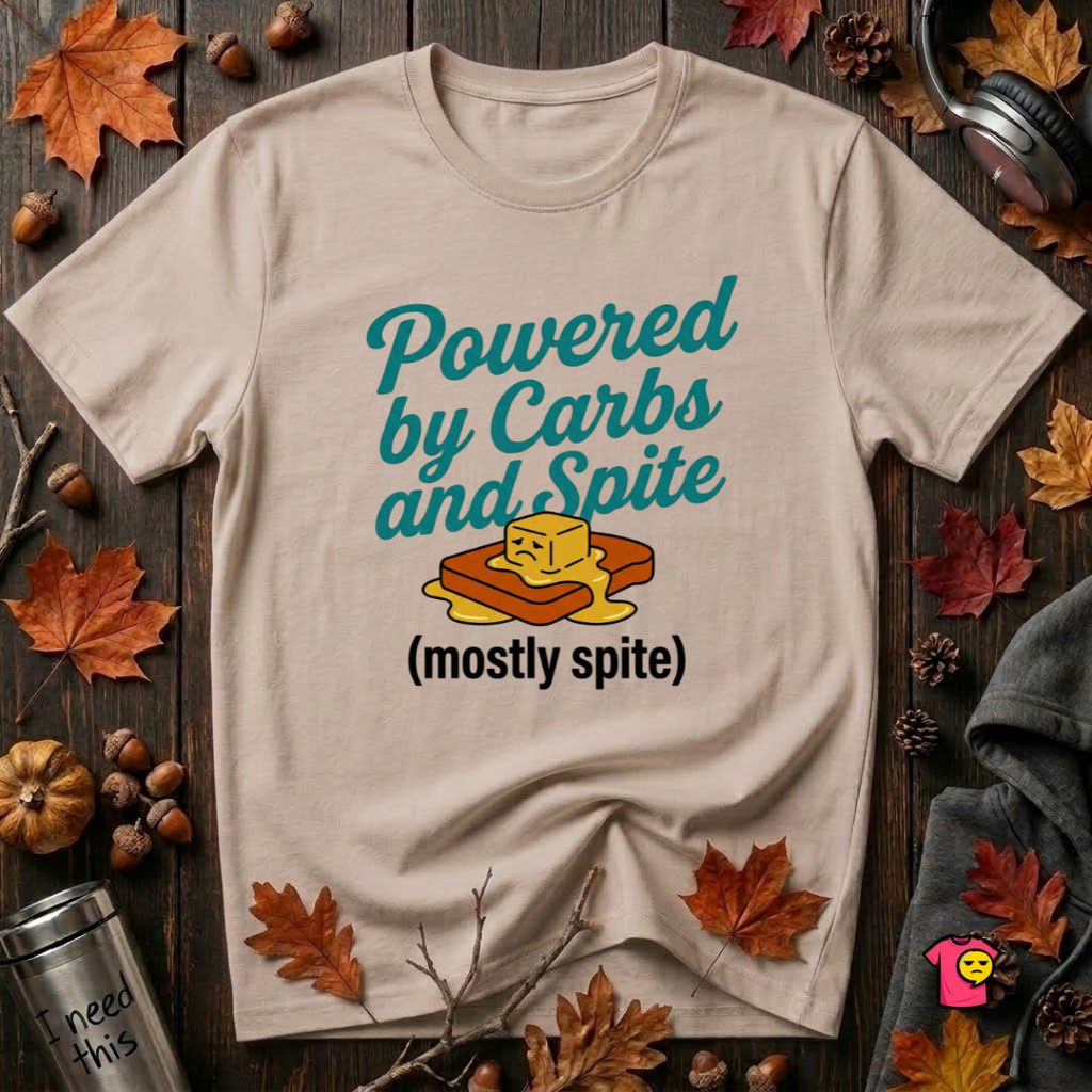 Powered by Carbs and Spite sarcastic graphic t-shirt in Natural by Snarky Sarks