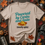 Powered by Carbs and Spite sarcastic graphic t-shirt in Natural by Snarky Sarks