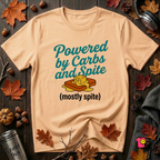Powered by Carbs and Spite sarcastic graphic t-shirt in Peach by Snarky Sarks