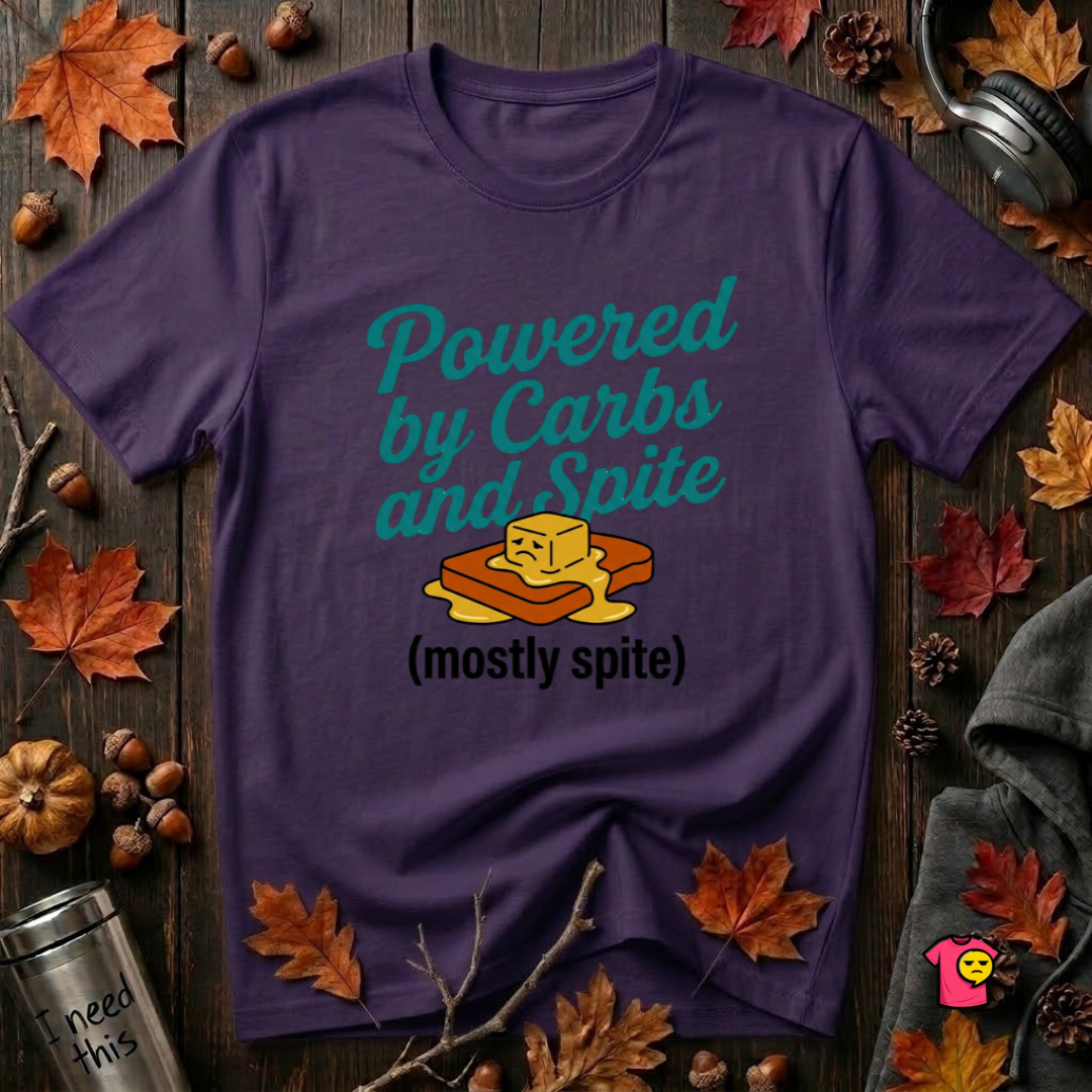Powered by Carbs and Spite sarcastic graphic t-shirt in Purple by Snarky Sarks